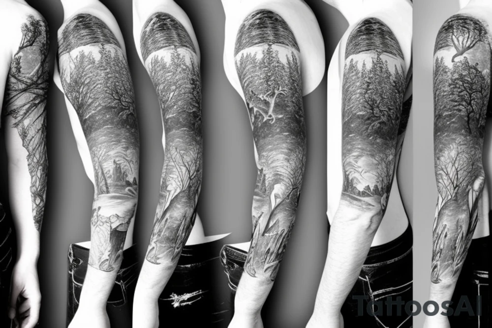 full nature sleeve with trees mountains and animals with a storm and norse mythology influence tattoo idea