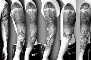 full nature sleeve with trees mountains and animals with a storm and norse mythology influence tattoo idea