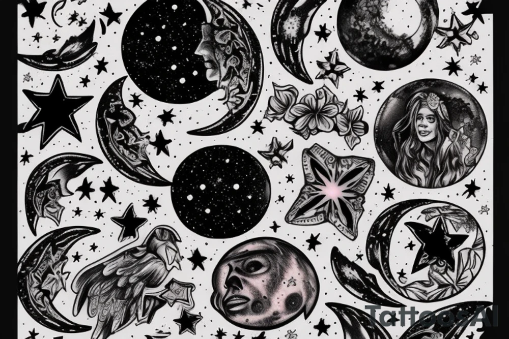 Sketch of the Moon with stars detailed tattoo idea