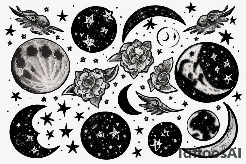 Sketch of the Moon with stars detailed tattoo idea