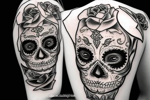 Black cat sugar skull with a guitar in fornt of it tattoo idea