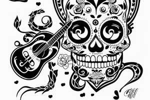 Black cat sugar skull with a guitar in fornt of it tattoo idea