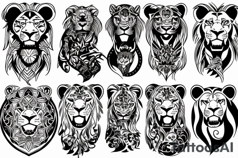 Pride of five lions 2 adults a teen lion a teen lioness and a baby lioness tattoo idea