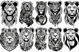 Pride of five lions 2 adults a teen lion a teen lioness and a baby lioness tattoo idea