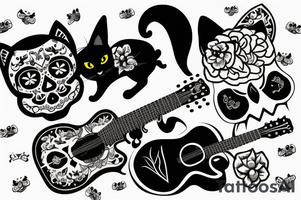 Black cat in sugar skull style 
with a guitar in front of it tattoo idea