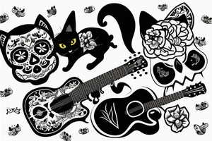 Black cat in sugar skull style 
with a guitar in front of it tattoo idea