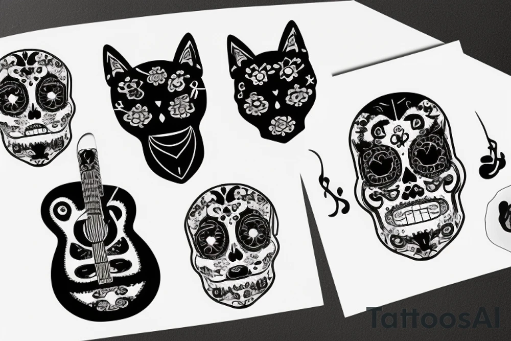 Black cat in sugar skull style 
with a guitar in front of it tattoo idea