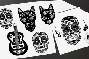 Black cat in sugar skull style 
with a guitar in front of it tattoo idea