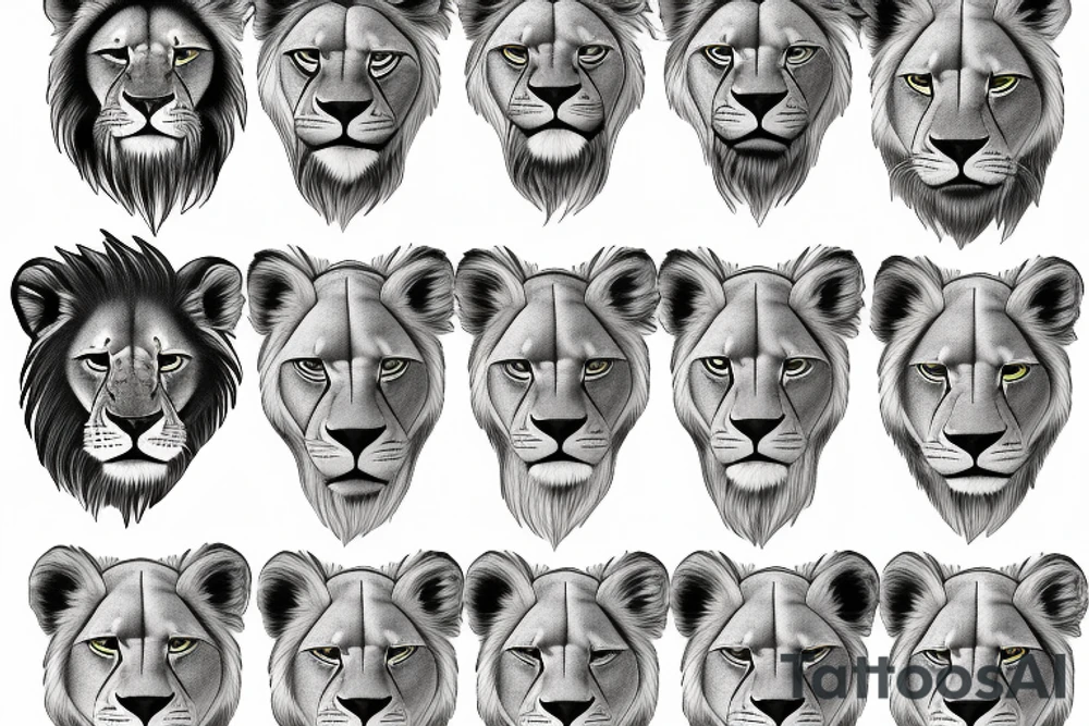 Pride of five lions 2 adults a teen lion a teen lioness and a baby lioness tattoo idea