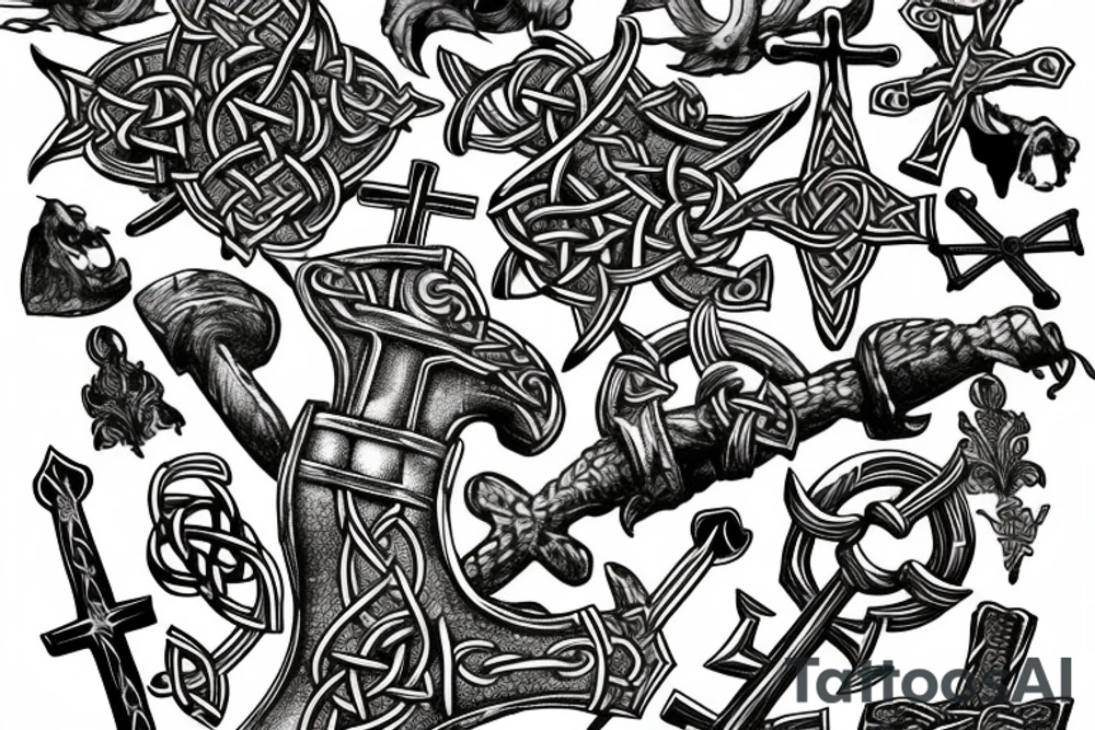 Underwater graveyard of the Vikings, around weapons and Celtic crosses tattoo idea