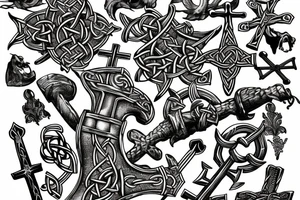 Underwater graveyard of the Vikings, around weapons and Celtic crosses tattoo idea