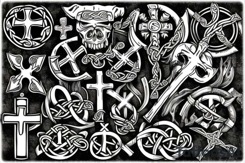 Underwater graveyard of the Vikings, around weapons and Celtic crosses tattoo idea