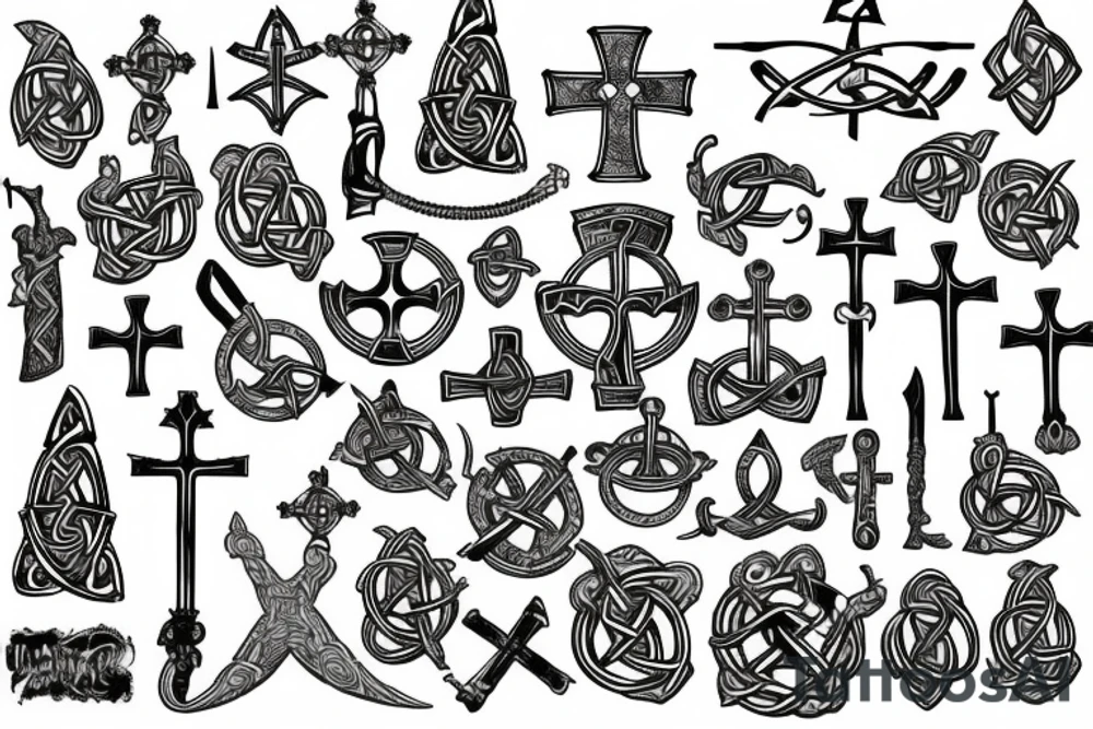 Underwater graveyard of the Vikings, around weapons and Celtic crosses tattoo idea