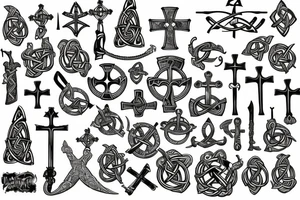 Underwater graveyard of the Vikings, around weapons and Celtic crosses tattoo idea