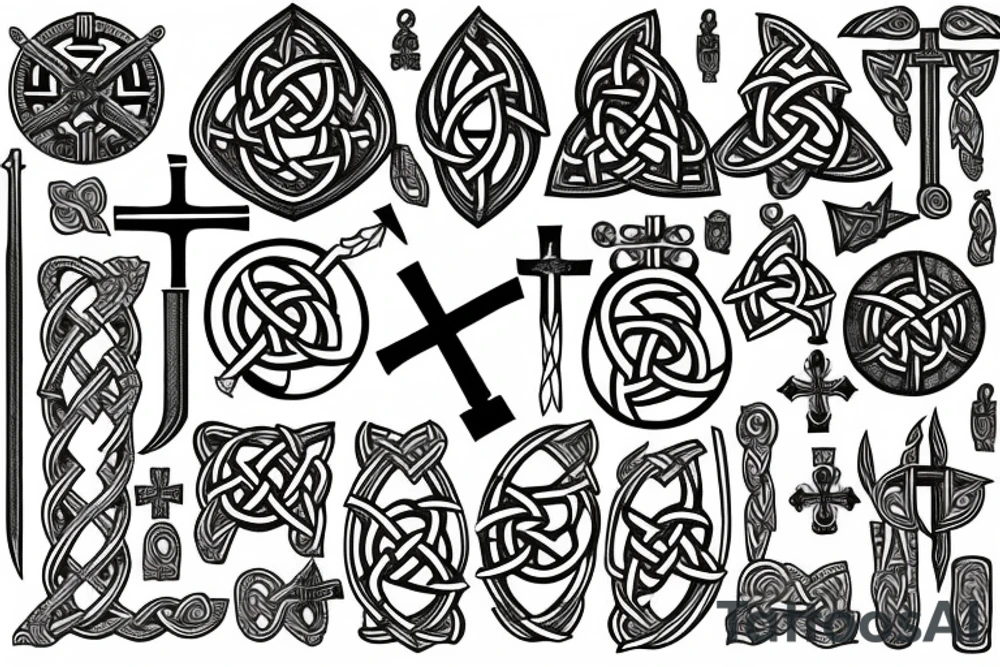 Underwater graveyard of the Vikings, around weapons and Celtic crosses tattoo idea