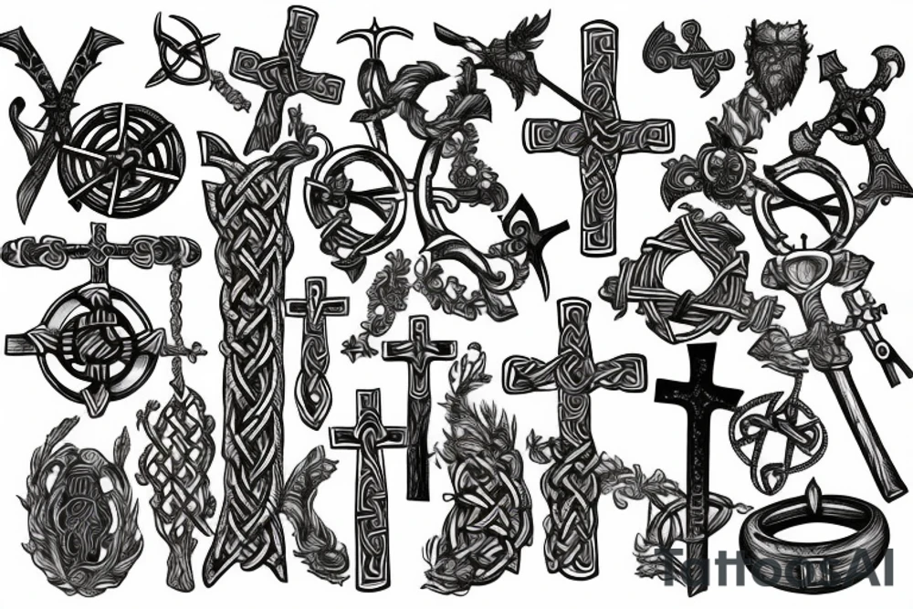 Underwater graveyard of the Vikings, around weapons and Celtic crosses tattoo idea