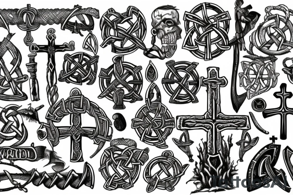 Underwater graveyard of the Vikings, around weapons and Celtic crosses tattoo idea