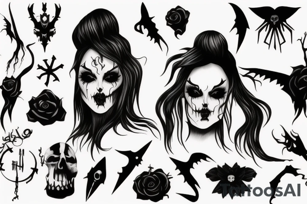 Scary girl in a dark Gothic style tattoo idea