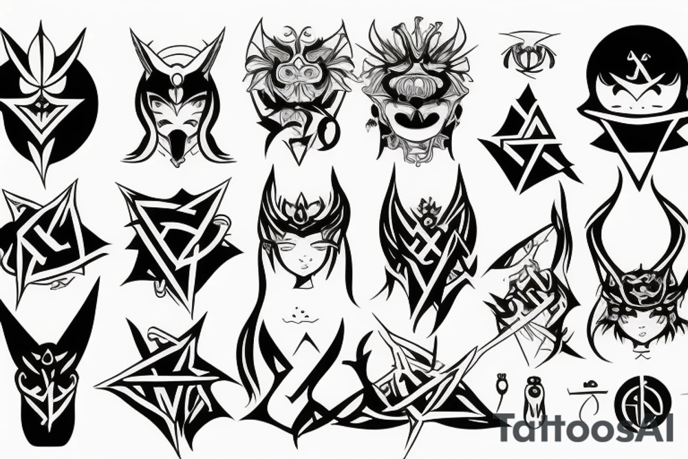 Symbols of Satanism in anime style tattoo idea
