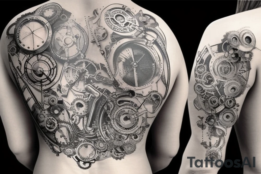 Steampunk from leg to back tattoo idea