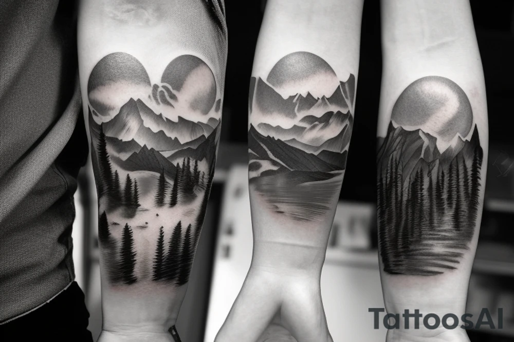 Mountain rage in the back, two suns standing over the mountains, wide landscape with trees and grass in the front, horses standing, a river is crossing the landscape, birds flying tattoo idea