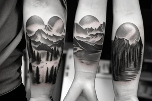 Mountain rage in the back, two suns standing over the mountains, wide landscape with trees and grass in the front, horses standing, a river is crossing the landscape, birds flying tattoo idea
