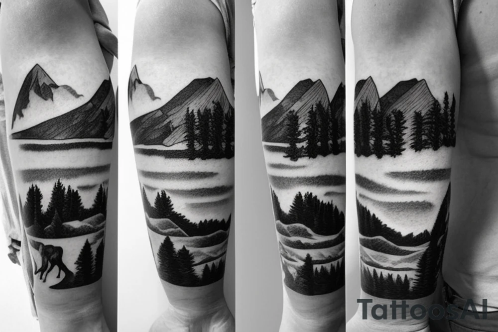 Mountain rage in the back, two suns standing over the mountains, wide landscape with trees and grass in the front, horses standing, a river is crossing the landscape, birds flying tattoo idea