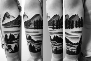 Mountain rage in the back, two suns standing over the mountains, wide landscape with trees and grass in the front, horses standing, a river is crossing the landscape, birds flying tattoo idea