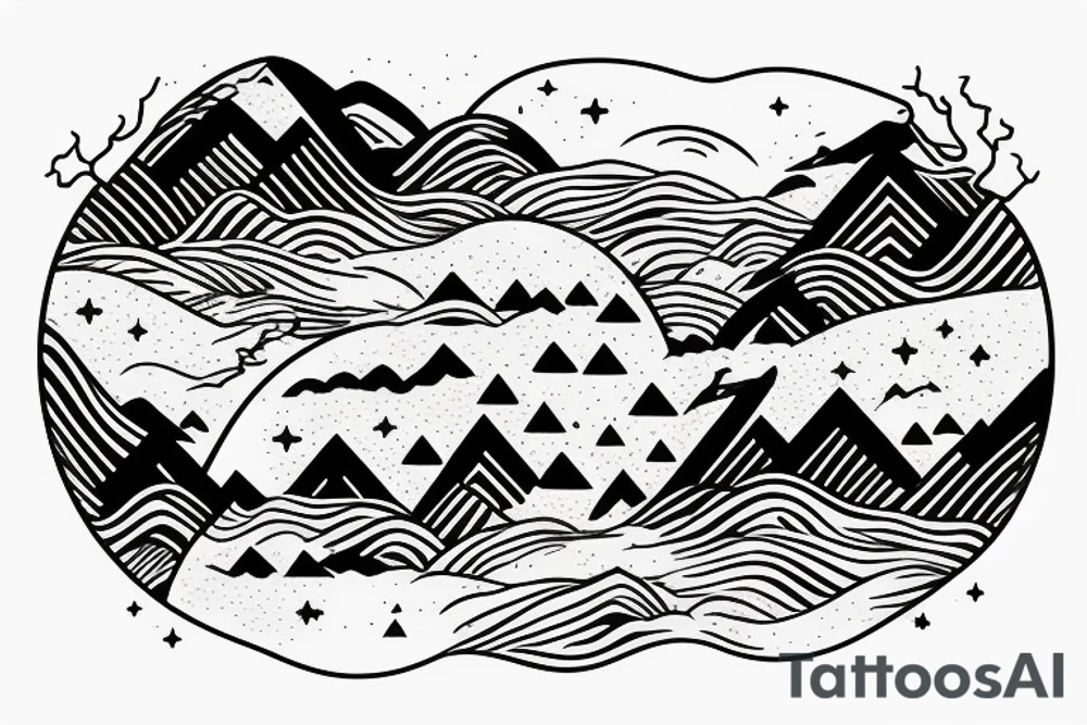 Mountain rage in the back in the shape of an EKG, two suns standing over the mountains, wide landscape with trees and grass in the front, horses standing, a river is crossing the landscape, birds flying tattoo idea
