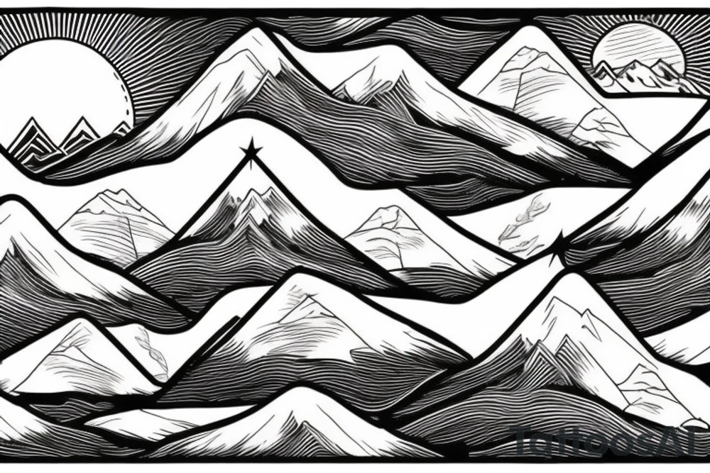 Mountain rage in the back in the shape of an EKG, two suns standing over the mountains, wide landscape with trees and grass in the front, horses standing, a river is crossing the landscape, birds flying tattoo idea