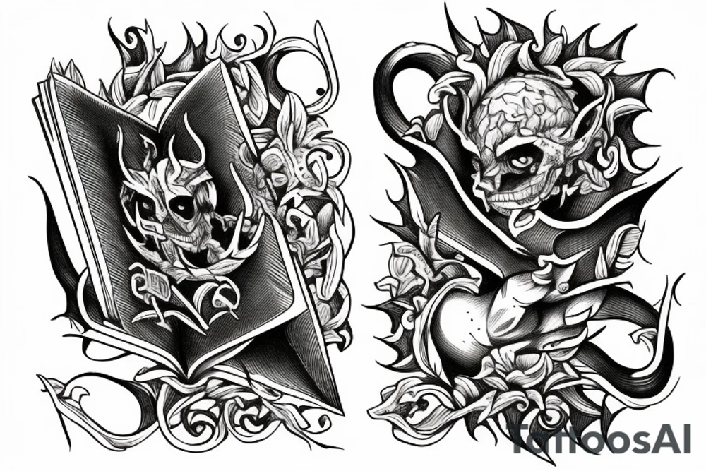 Hand holding a demon book tattoo idea