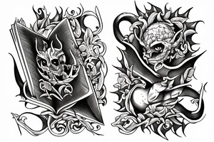 Hand holding a demon book tattoo idea
