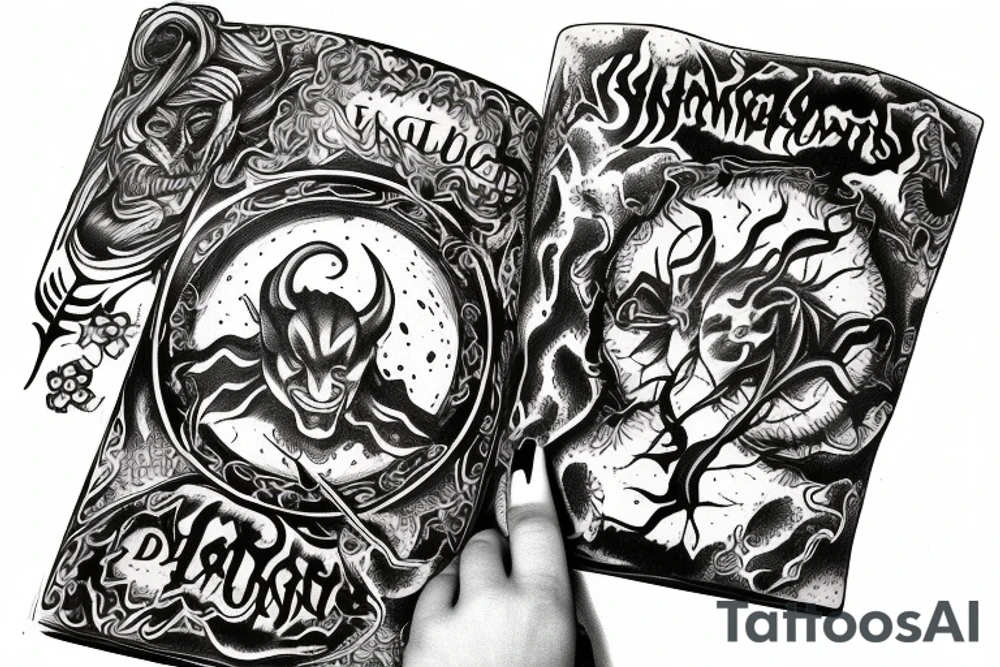 Hand holding a demon book tattoo idea