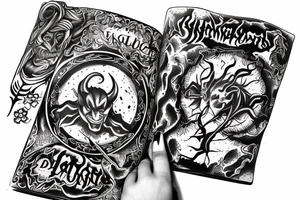 Hand holding a demon book tattoo idea