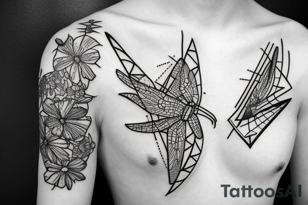 dragonfly with flowers, triangles, lines and arrows tattoo idea