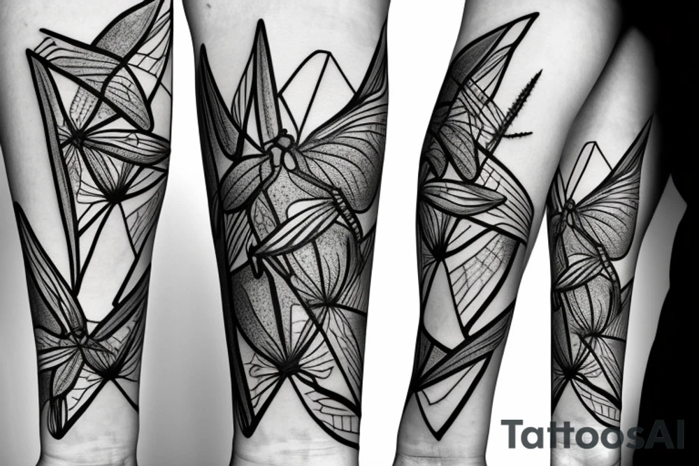 dragonfly with flowers, triangles, lines and arrows tattoo idea