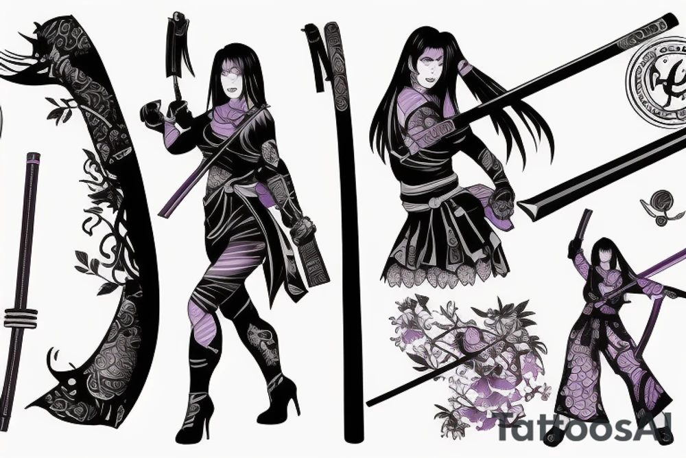 woman with katana, devil arms violet tattoo idea