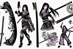 woman with katana, devil arms violet tattoo idea