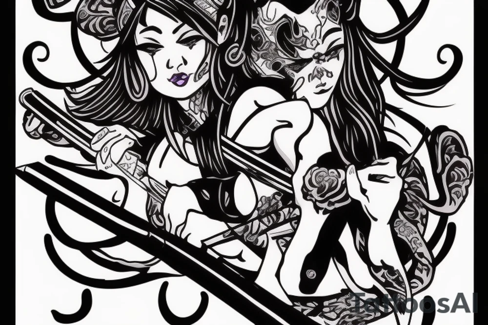 woman with katana, devil arms violet tattoo idea