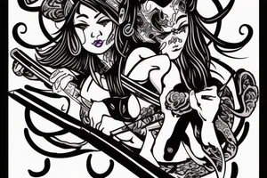 woman with katana, devil arms violet tattoo idea