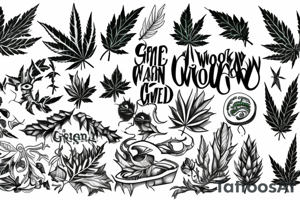 the words "green wood" and smoking weed tied into one image tattoo idea