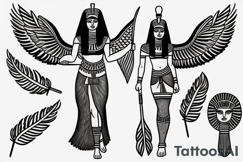 Egyptian goddess Isis with a feather on her head and spreaded wings in fine line tattoo idea