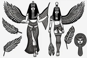 Egyptian goddess Isis with a feather on her head and spreaded wings in fine line tattoo idea