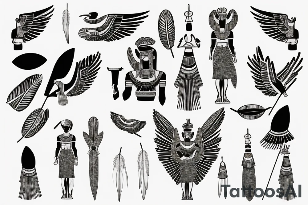 Egyptian goddess Isis with a feather on her head and spreaded wings in fine line tattoo idea