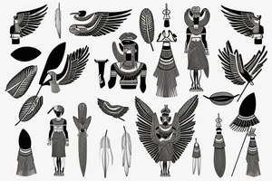 Egyptian goddess Isis with a feather on her head and spreaded wings in fine line tattoo idea