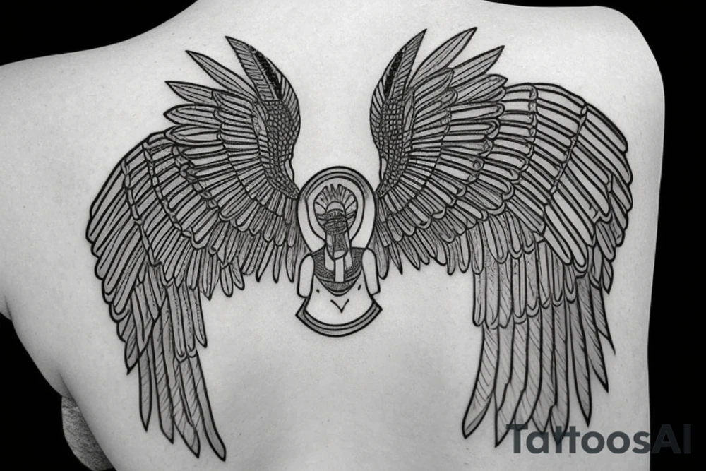 Egyptian goddess Isis kneeling and spreaded wings in fine line tattoo idea