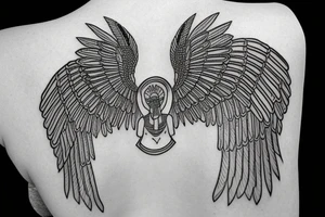 Egyptian goddess Isis kneeling and spreaded wings in fine line tattoo idea