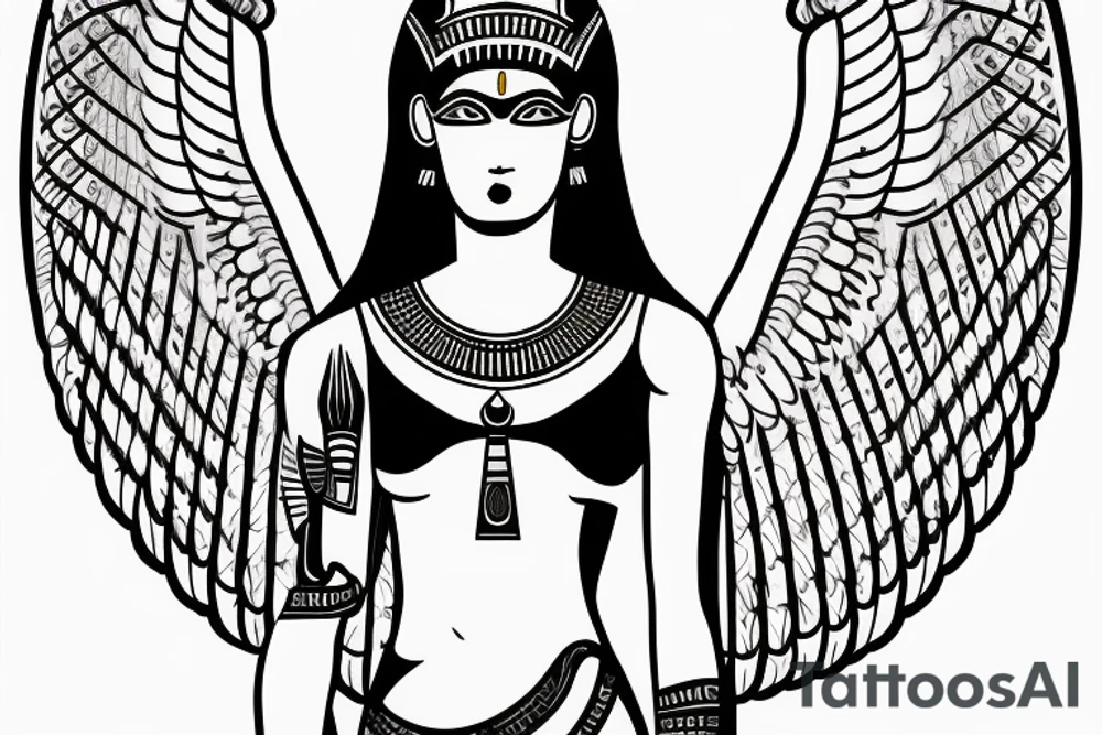 Egyptian goddess Isis kneeling and spreaded wings in fine line tattoo idea