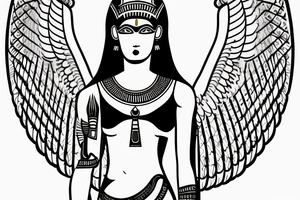 Egyptian goddess Isis kneeling and spreaded wings in fine line tattoo idea