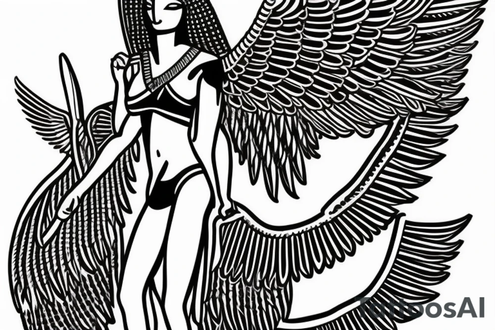 Egyptian goddess Isis kneeling and spreaded wings in fine line tattoo idea